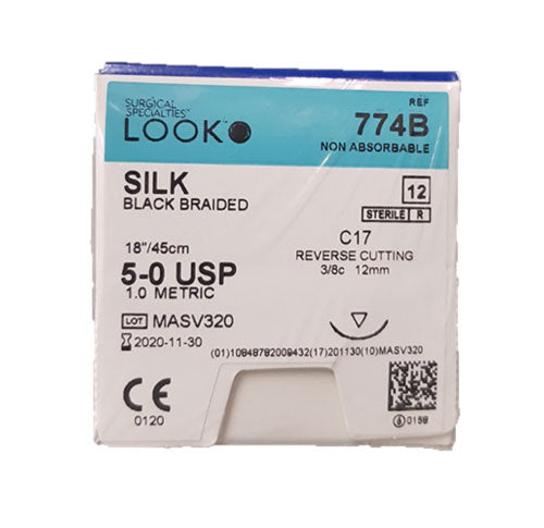 Look, Silk Sutures  Black Braided, 5-0, 18