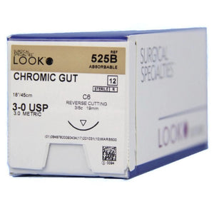 Look Sutures Chromic Gut , 3-0, 18" Length, C6 Needle 12/Box #525B