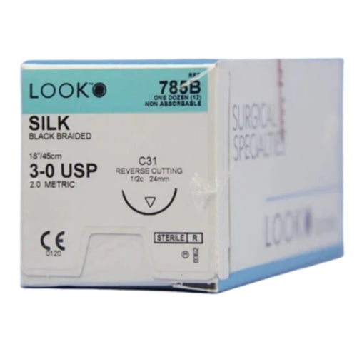 Look Sutures Silk, Black Braided, 3-0, 18