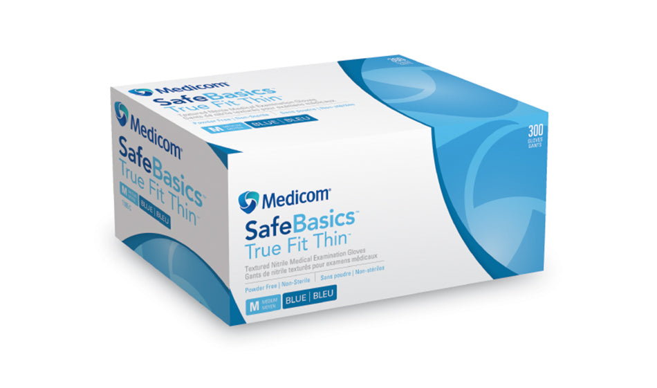 Medicom #1185, Blue Nitrile Powder Free Gloves, Safe Basics True Fit Thin-300/Box