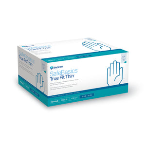 Medicom #1185, Blue Nitrile Powder Free Gloves, Safe Basics True Fit Thin-300/Box