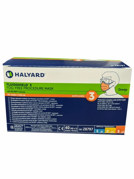 Fog Free Fluid Shield Level 3 Earloop Masks , Orange 40/Box -Halyard
